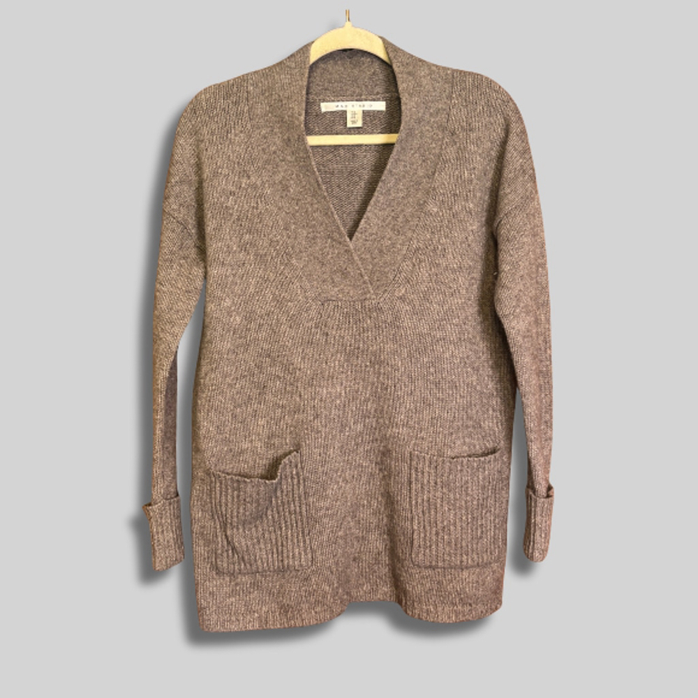 Max Studio Sweater V Neck Patch Pockets Wool Yak Hair Blend Gray Women's Small